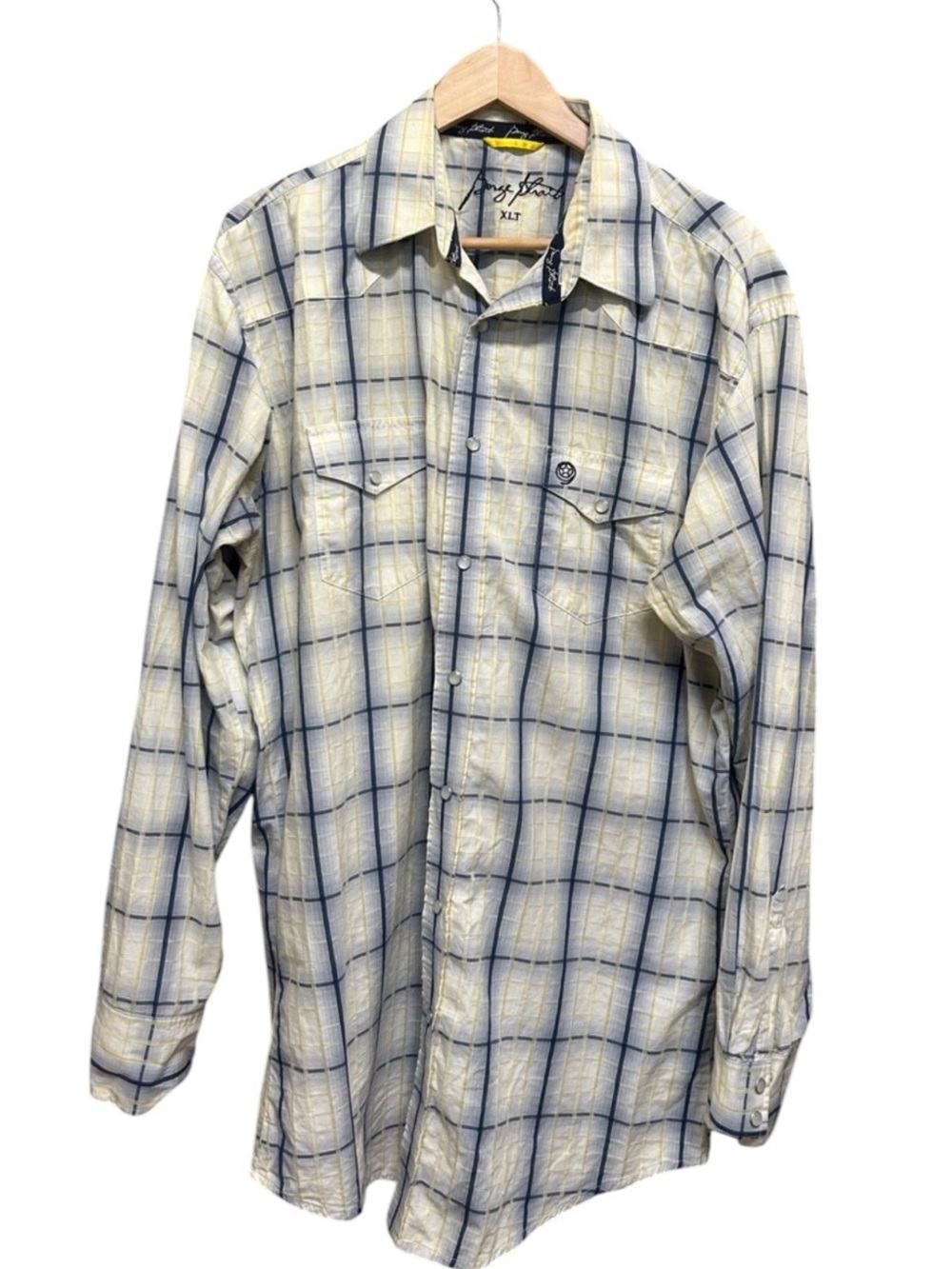 George Strait Yellow Blue Plaid Western Pearl Snap Shirt Size XLT